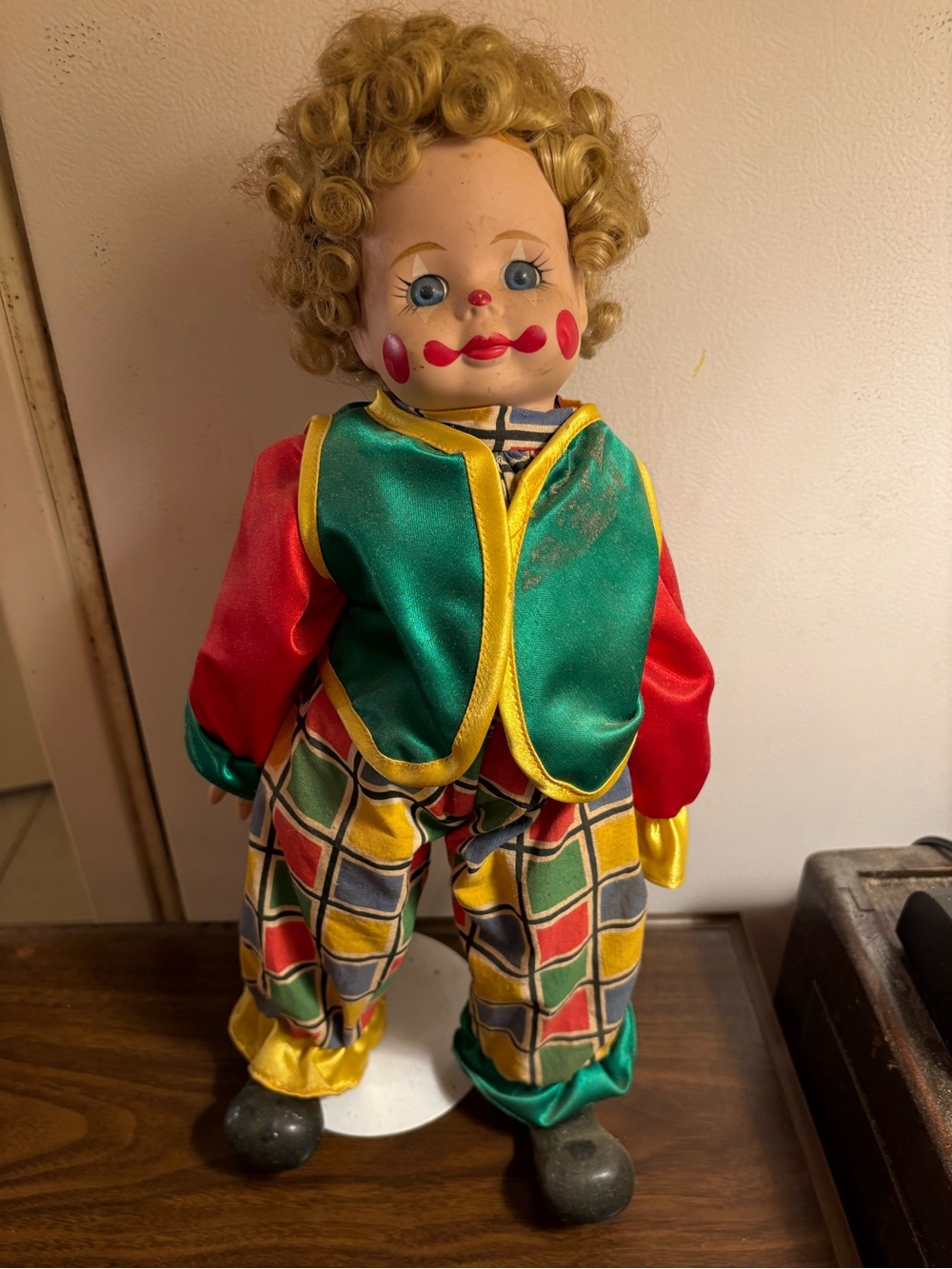 Colorful Clown Doll Plush with Green Vest and Red Sleeves